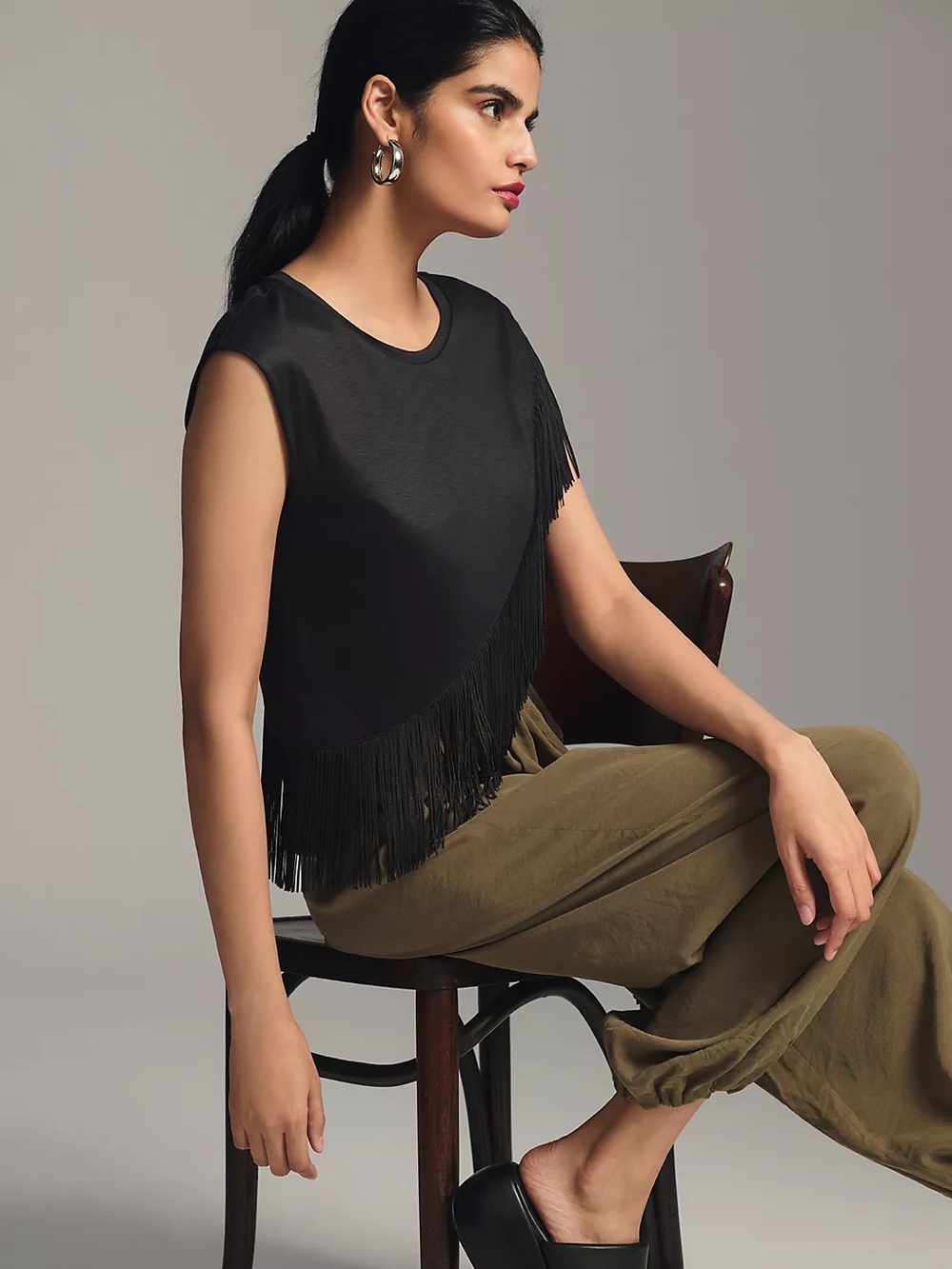 W5 Anthropologie black sleek sleeveless asymmetrical diagonal fringe trim top S